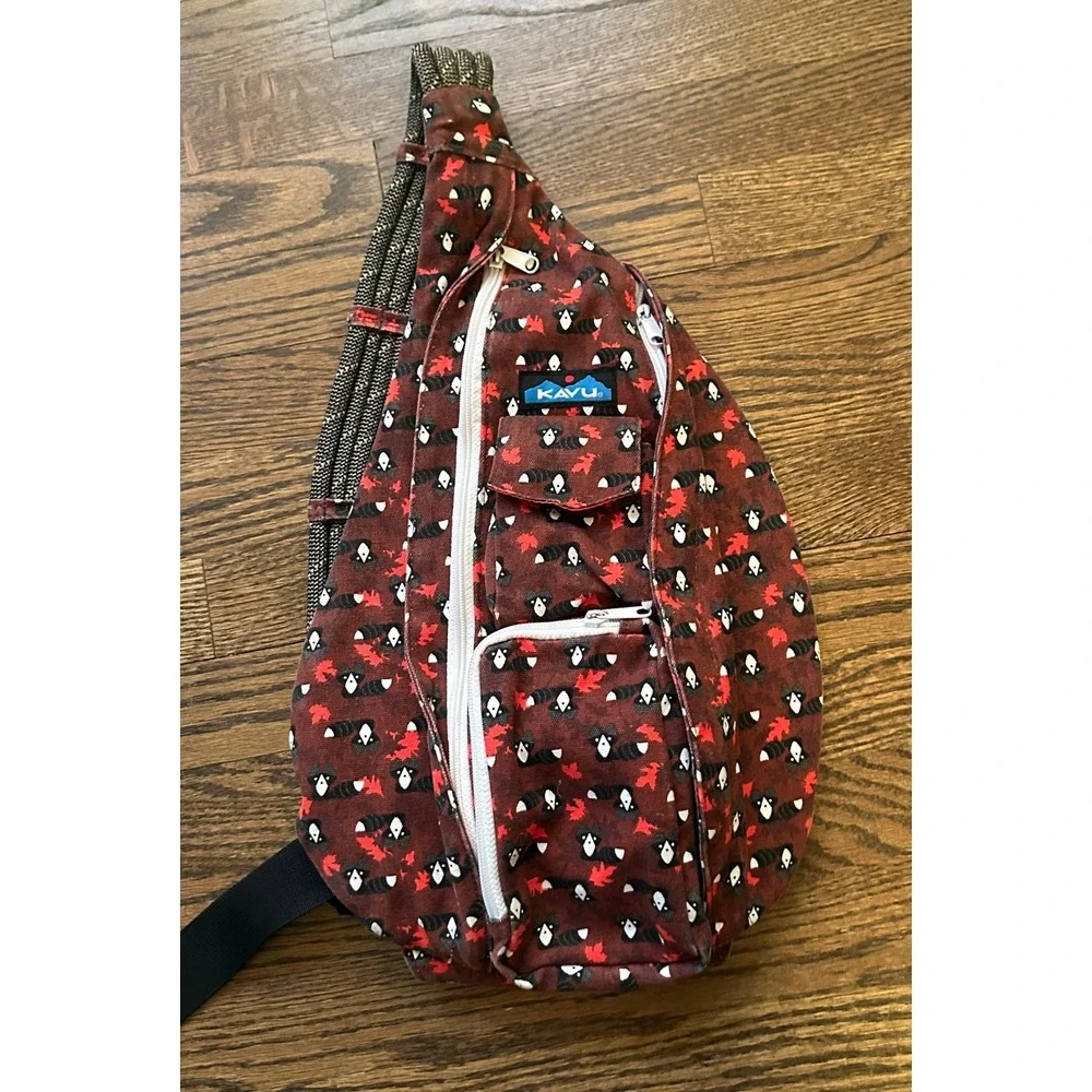 Kavu Rope Bag Women OS Raccoon Maple Leaf Print Sling Backpack Canvas Gorpcore